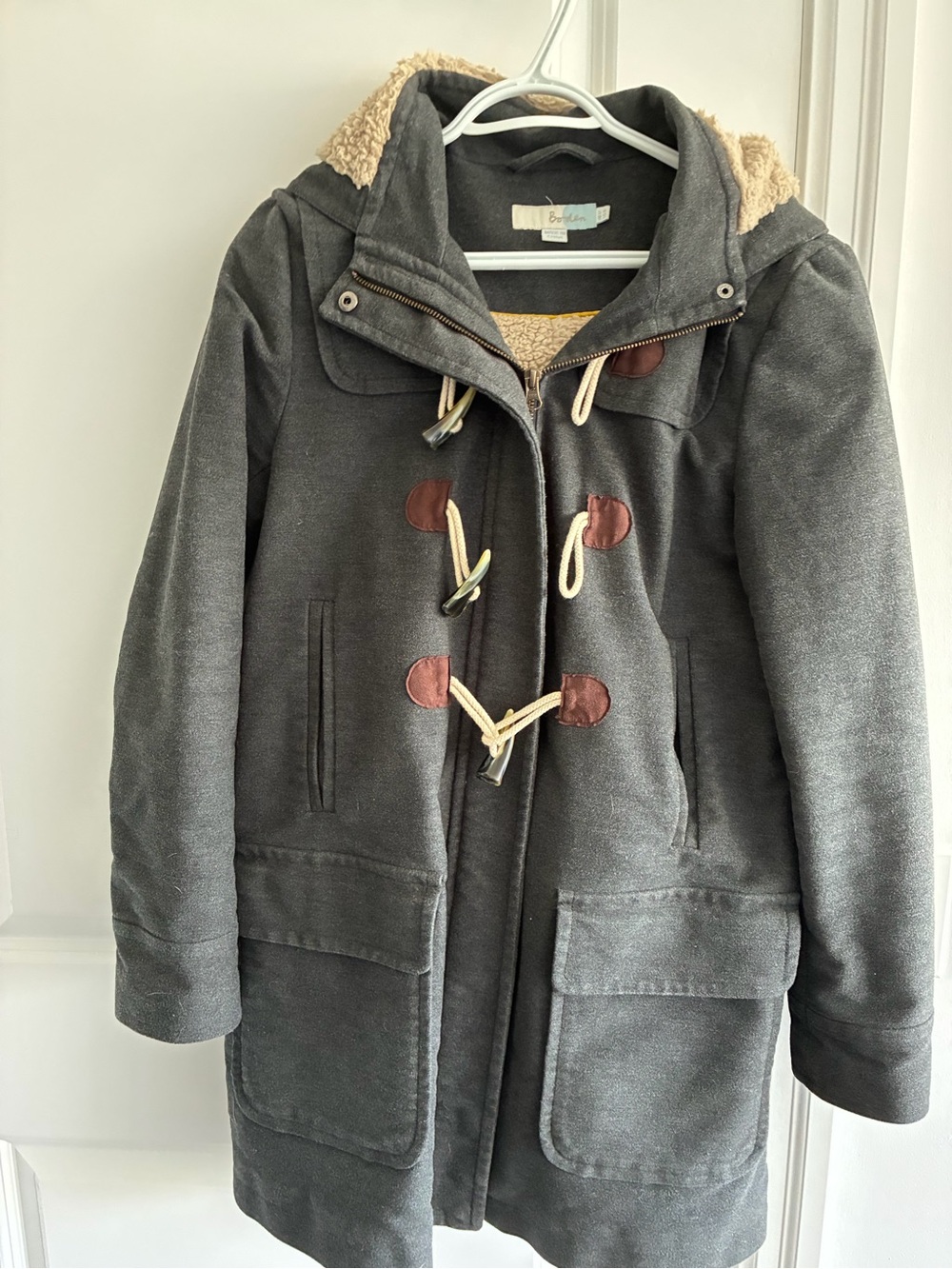Boden Charcoal Gray Hooded Toggle Coat with Sherpa Lining